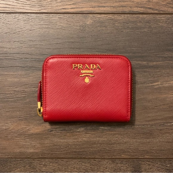 Prada Fuoco (Cherry Red) Saffiano Leather Compact Zip Around Wallet - Picture 3 of 8